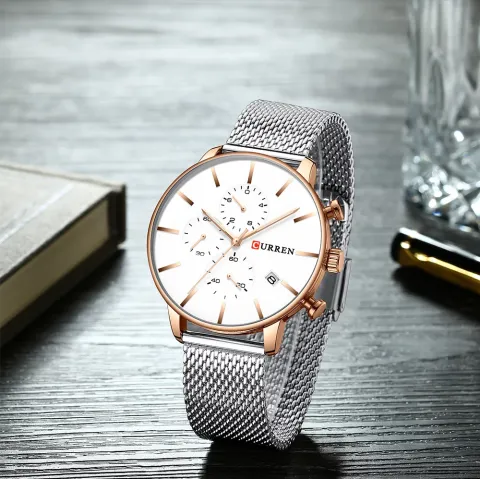 CURREN 8339 — Cronógrafo en malla de acero, 43 mm