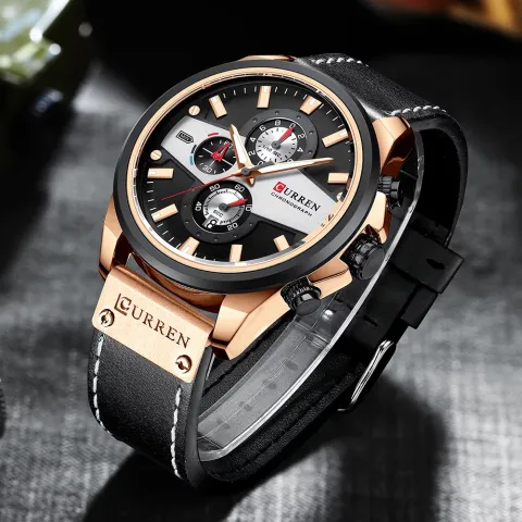 Reloj CURREN 8394 — cronógrafo de 49 mm en cuero negro